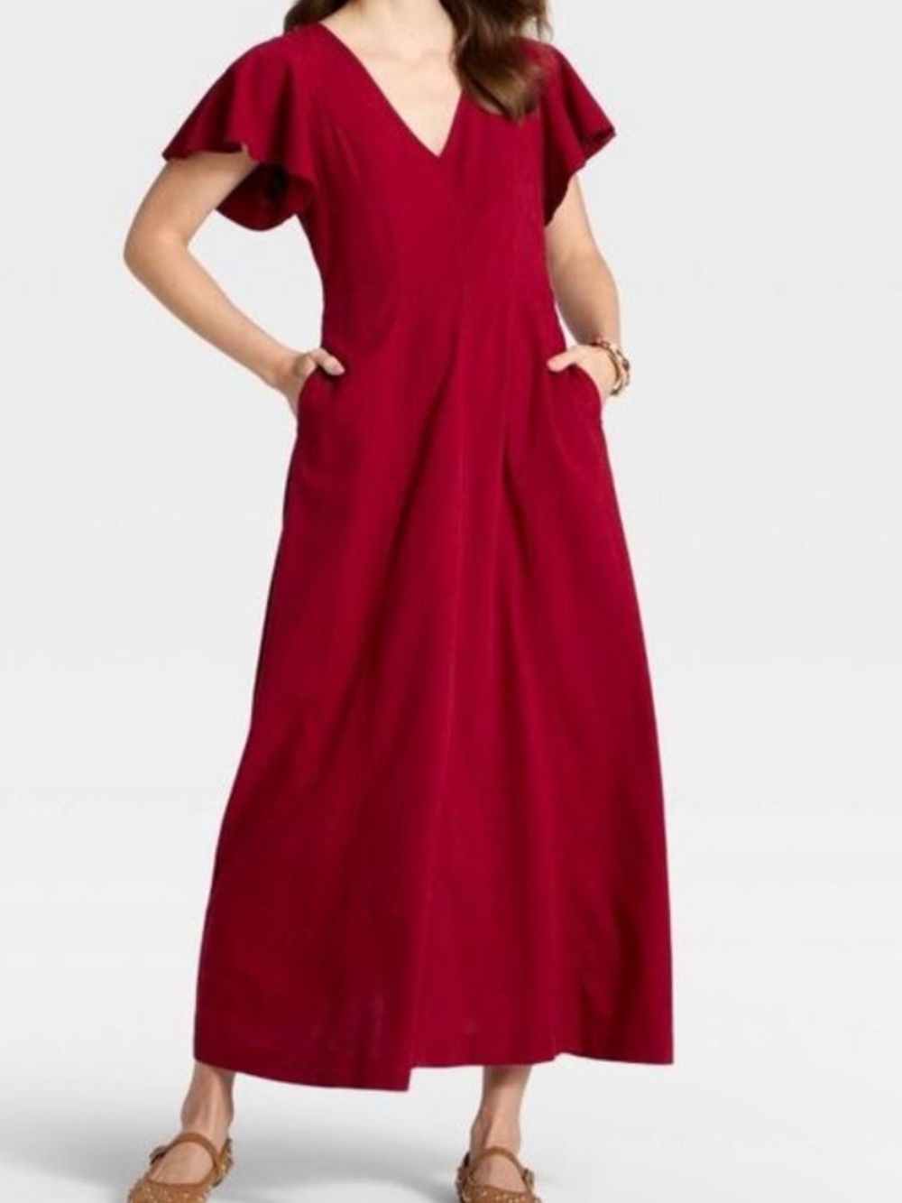 Woman's Rayon V-Neck Short Sleeve Maxi Dress in Deep Red - Picture 2 of 4